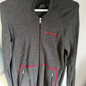 Armani Exchange knit zip-up sweater- grey and red logo - small
